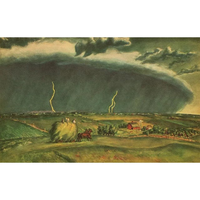 A rare vintage full color Cottage or Farmhouse style print after painting "Line Storm" by John Steuart Curry from...
