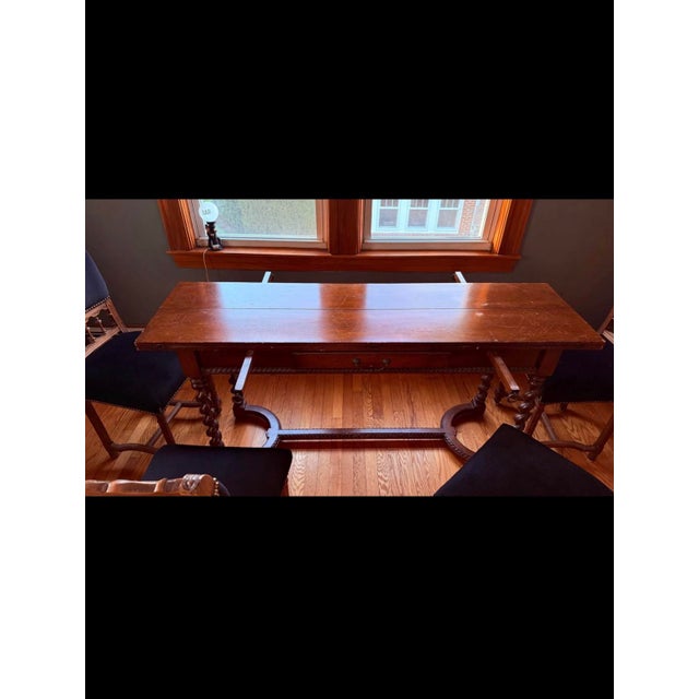 Wood Ornate Antique Wood Drop Leaf Dining Table Set W 3 Chairs / Entryway Table For Sale - Image 7 of 11