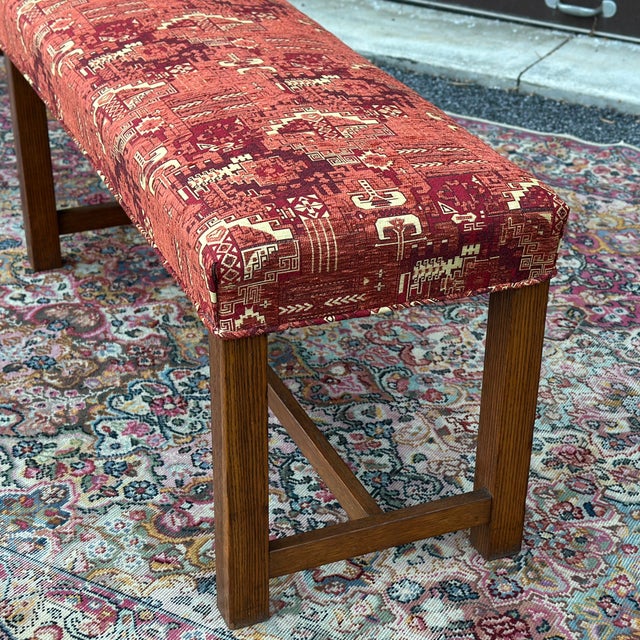Antique Oak Block Leg Bench Newly Reupholstered in Turkish Orange Kilim Fabric For Sale In Philadelphia - Image 6 of 11