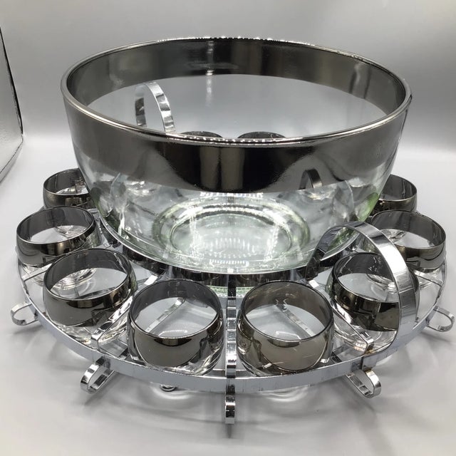 Queen’s Lustreware Ltd. Wide Platinum Band Punch Bowl, Cups and Handled Chrome Plated Carrier-Set of 14 For Sale - Image 4 of 13