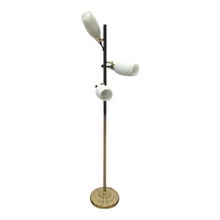 Mid-Century Brass and Teak 3 Arm Adjustable Floor Lamp For Sale