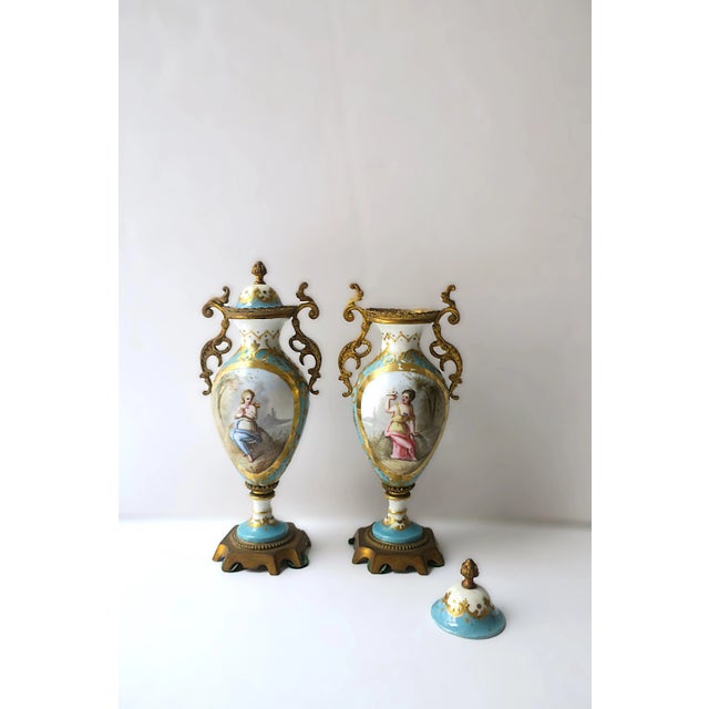 Metal French Sèvres Porcelain Urns, Pair For Sale - Image 7 of 12