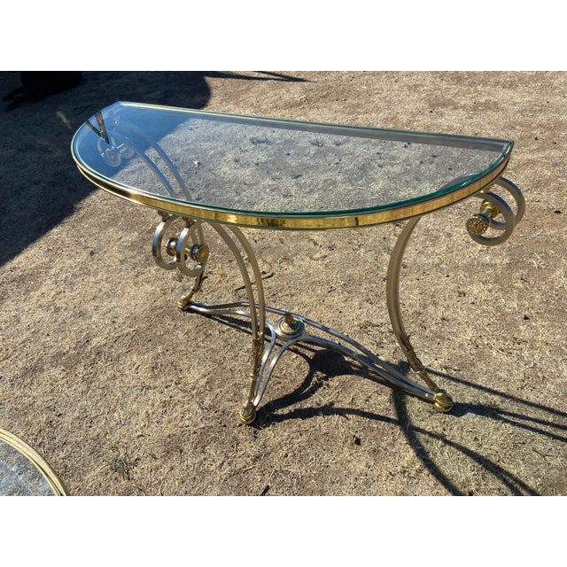 1980s Vintage LaBarge Steel & Brass Hollywood Regency Maison Jansen Style Demi-Lune Table and Coffee Table Set of 2 For Sale - Image 5 of 12