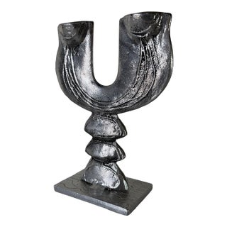 Vintage Don Drumm Brutalist Cast Aluminum Double Candle Holder, Signed For Sale