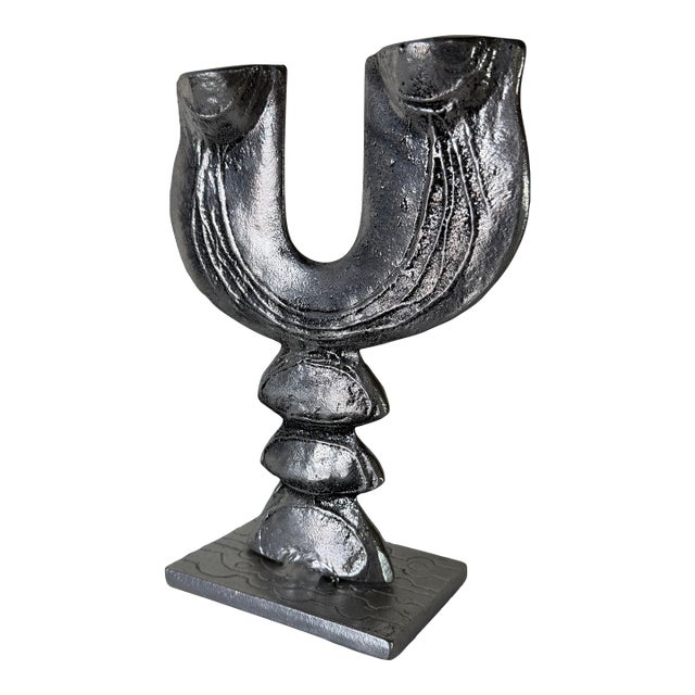 Vintage Don Drumm Brutalist Cast Aluminum Double Candle Holder, Signed For Sale