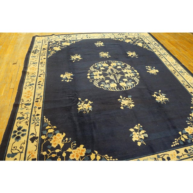 1920s Classic Floral Medallion Navy Blue Background Antique Chinese Peking Rug For Sale - Image 10 of 10