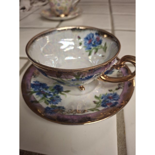 Mid-Century Modern Vintage Occupied Japan Iridescent Lusterware Footed Teacup and Saucer Set For Sale - Image 3 of 3