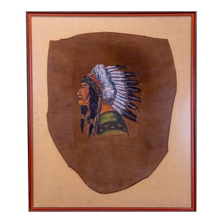 Mid-Century Oil on Tanned Hide Portrait Painting of a Native American Chief For Sale
