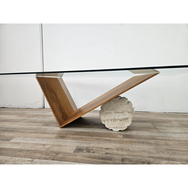 Mid-Century Modern Valentino Coffee Table in Glass, Wood and Travertine by Cattelan Italia, 1990 For Sale - Image 3 of 13