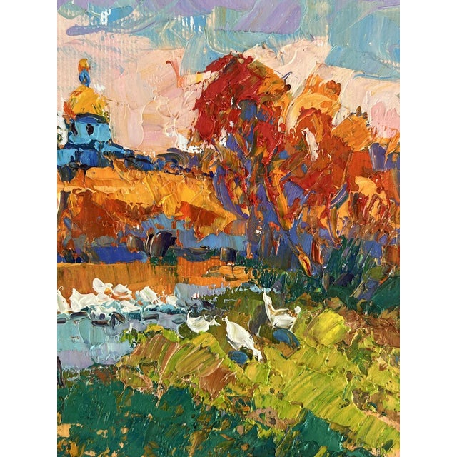 Textile Oil Painting Evening at the Church Pond Oksana Ivanyuk For Sale - Image 7 of 11