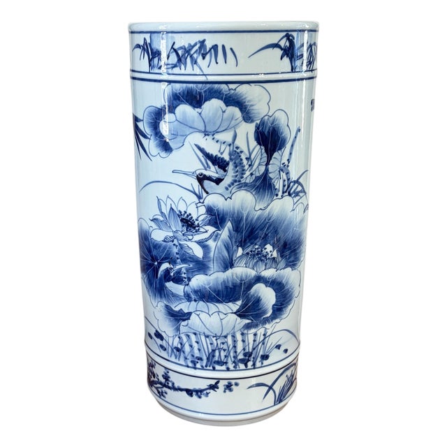 Chinoiserie Blue and White Porcelain Vase/Umbrella Holder 20" H For Sale