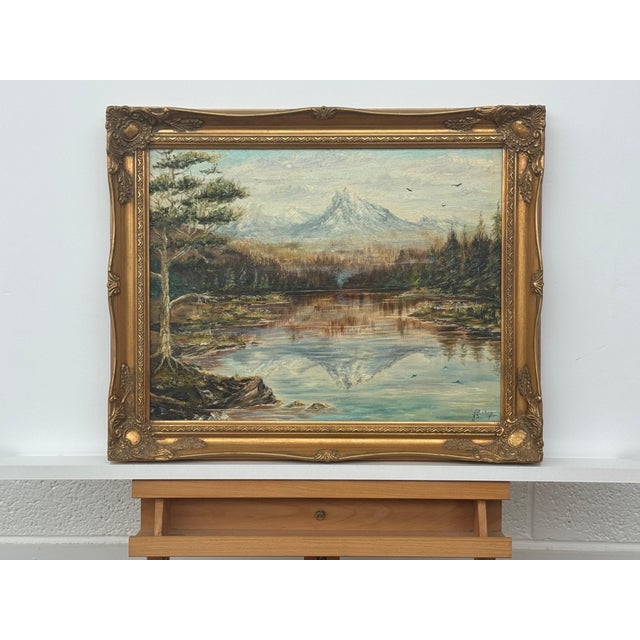 Mountain Lake Forest Landscape Scene - Vintage 20th Century Oil Painting 1970 For Sale - Image 6 of 17