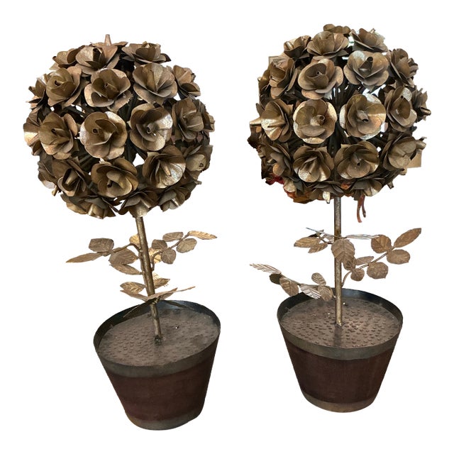 Pair of Italian 26” Vintage Tole Rose Topiaries For Sale
