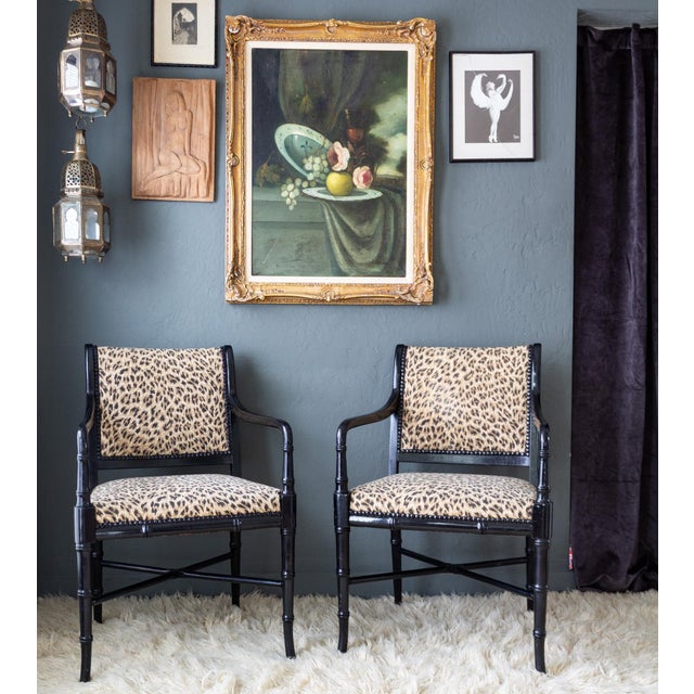 French Leopard Upholstered Black Faux Bamboo Directoire Style Armchairs For Sale - Image 3 of 18