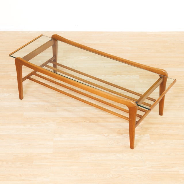 Mid Century Floating Glass and Teak Coffee Table With Magazine Rack For Sale In Los Angeles - Image 6 of 10