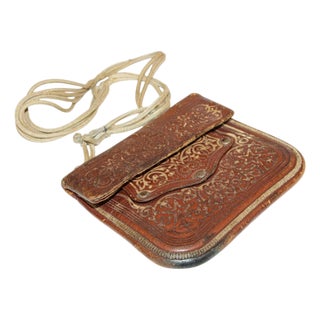 Antique Hand Tooled Leather Moroccan Bag Wall Decor For Sale