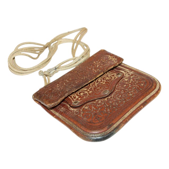 Antique Hand Tooled Leather Moroccan Bag Wall Decor For Sale
