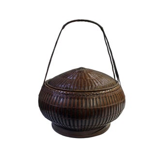 Oriental Handmade Brown Rattan Basket With Long Handle For Sale