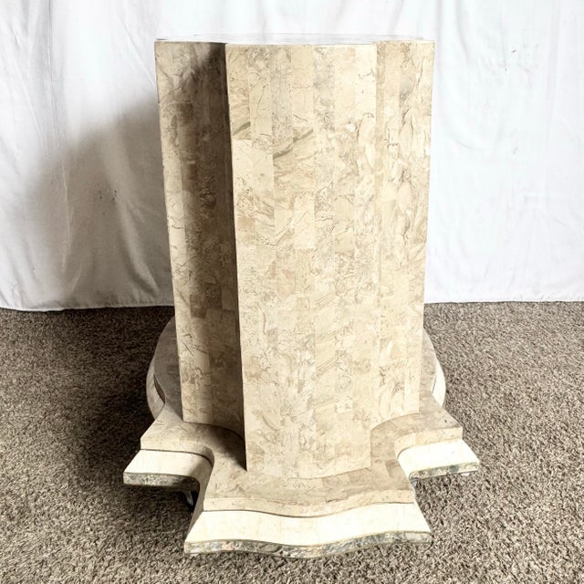 Tan Postmodern Sculpted Grey White and Tan Tessellated Stone Dining Table Base With Brass Inlay For Sale - Image 8 of 10