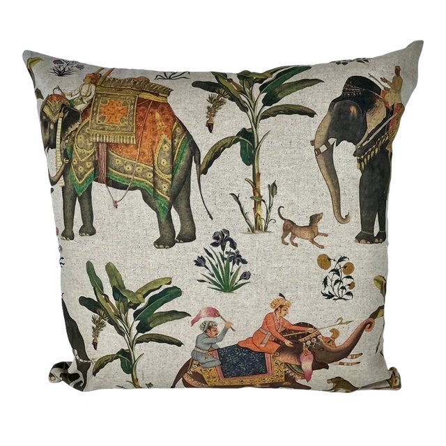 20" Square Decorative Throw Pillow Adorned With an Exotic Scene of Men Riding Majestic Elephants Among Palm Trees & Flowers - Made in the U K For Sale