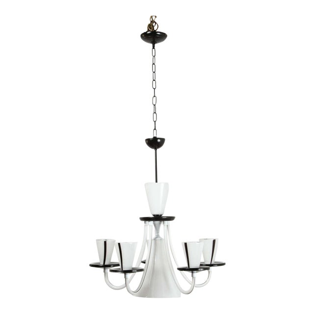 White & Black Murano 5 Arm Chandelier Fixture For Sale