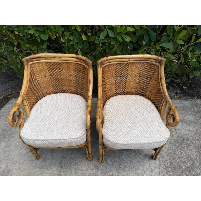Brown Vintage Henry Link Saint Andrews Scroll Arm Rattan Club Chairs - A Pair For Sale - Image 8 of 12