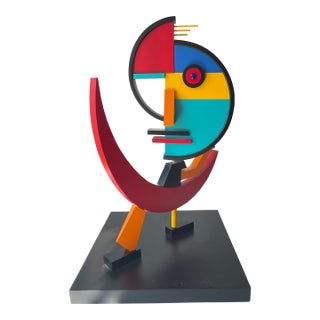 Abstract Geometric Face Wood Sculpture, Signed For Sale