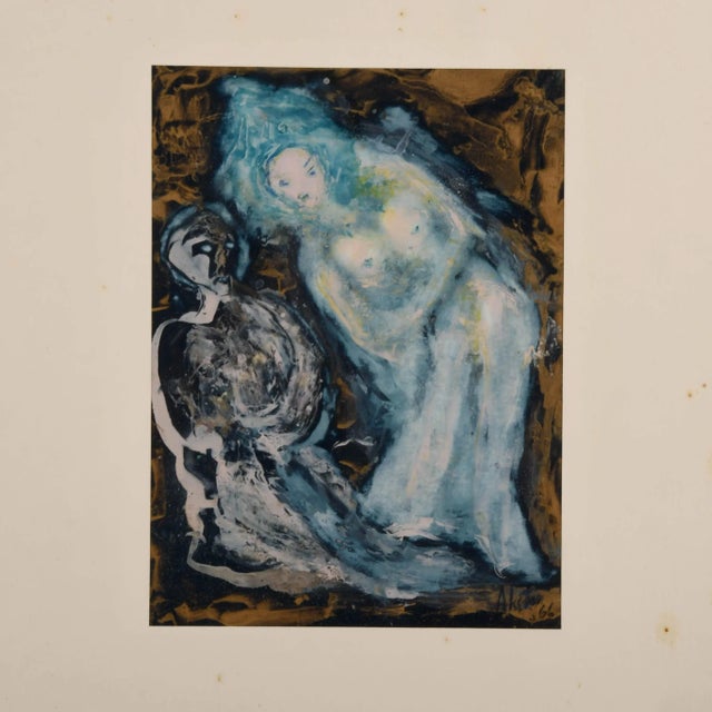 This Framed Signed J. Akston "Untitled, 1966" Painting offers an evocative blend of abstraction and figuration, rendered...