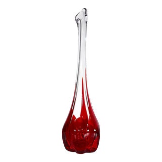 Tall Mid Century Art Glass Swag Form Vase With Elongated Red to Clear Body For Sale