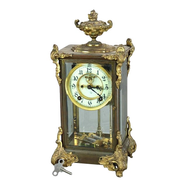 Antique Ansonia Brass, Bronze & Crystal Clock, Circa 1890 For Sale