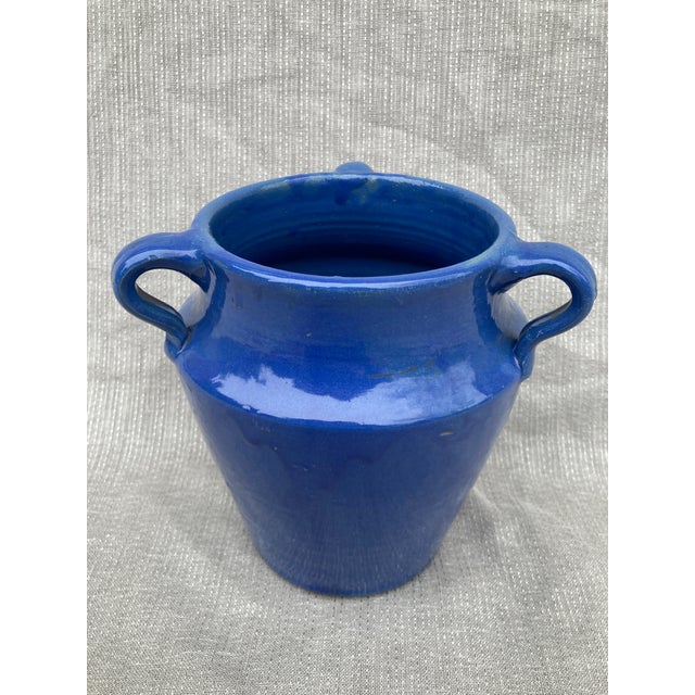 Vintage Blue Three Handle Pottery Jar Vase For Sale - Image 9 of 16