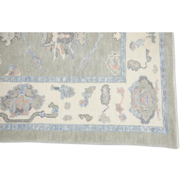 Early 21st Century Turkish Oushak Runner Olive Green & Soft Blue Handwoven Wool Rug 4'2" X 14'8" For Sale - Image 5 of 8