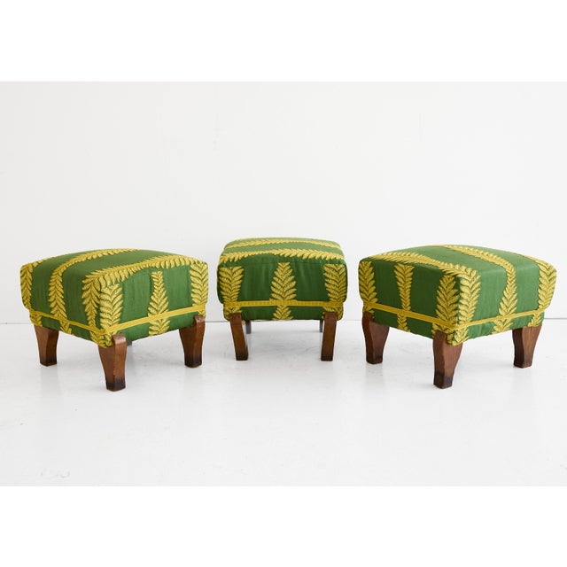 Green Set of Three Italian Footstools, Upholstered in Green & Gold Fabric, 19th C. For Sale - Image 8 of 11