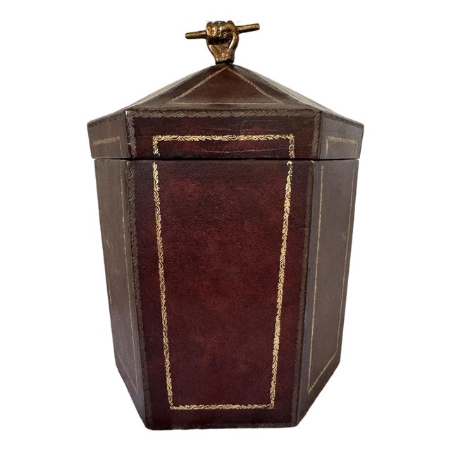 Late 19th Century Maitland-Smith Hexagonal Leather Box With Brass Fist Finial For Sale