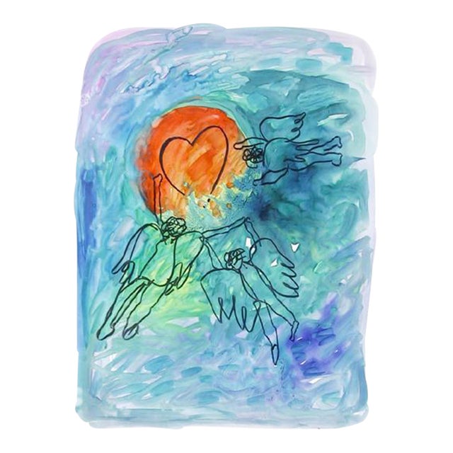 Angels With Heart, Avi Farin Watercolor on Paper, Signed For Sale
