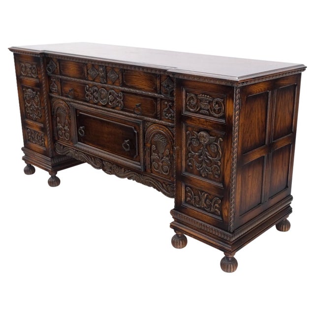 1900 - 1909 Jacobean Fine Carved Oak Sideboard Credenza Buffet Cabinet For Sale - Image 5 of 12