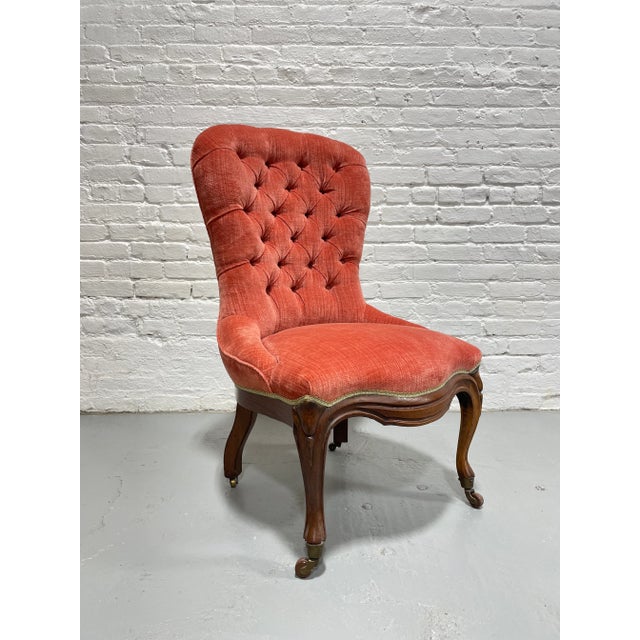 Victorian Tufted Slipper Chair | Pink Velvet Upholstery | Antique Accent Chair on Brass Casters, C. 1900's For Sale - Image 4 of 12