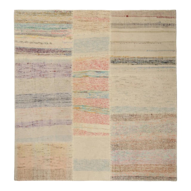 Rug & Kilim’s Patchwork Kilim Square Rug in Polychromatic Stripes For Sale