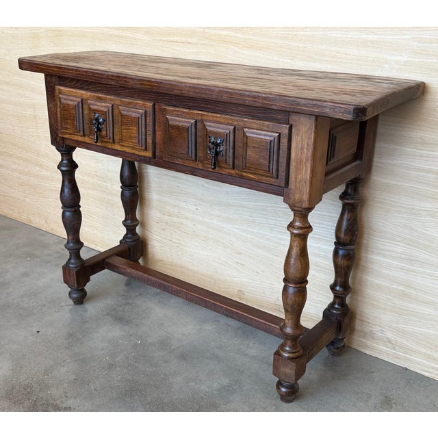 Spanish Console Table with Two Carved Drawers, 1940s For Sale - Image 4 of 18