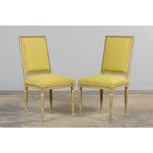 Antique French Louis XVI Painted Accent Side Chairs in Chartreuse Fabric - A Pair For Sale In New York - Image 6 of 18