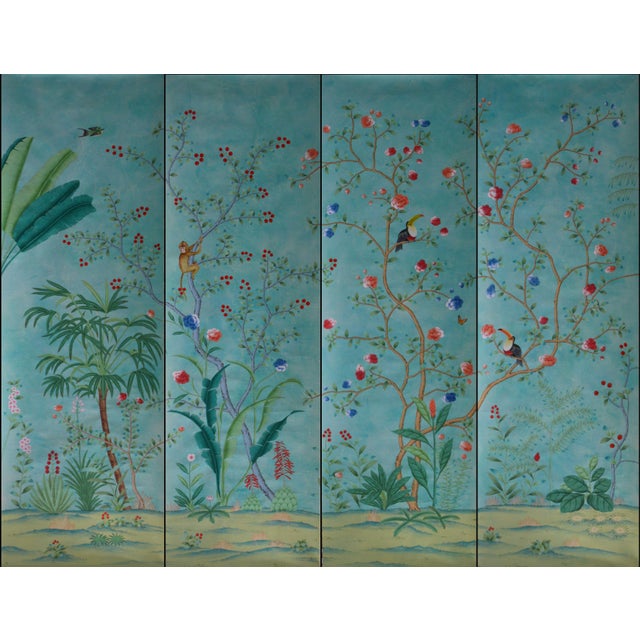Paper Hand Painted Teal Tropical Chinoiserie Jungle Animal Mural Panel For Sale - Image 7 of 7