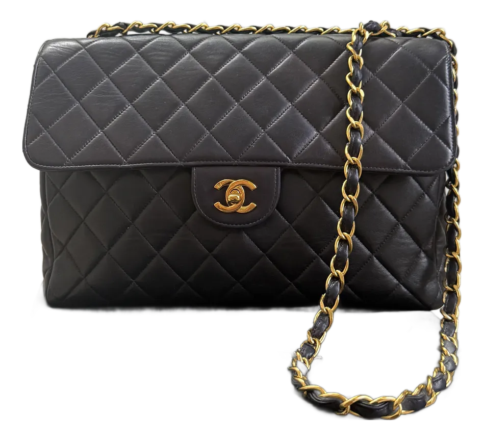 1990s Chanel Vintage Jumbo Single Flap Lambskin Navy Blue