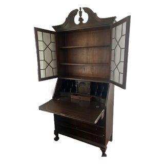 Vintage Secretary Desk With Glass Hutch – Traditional Chippendale Style For Sale