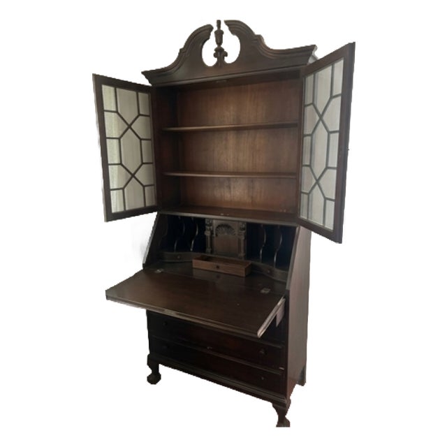Vintage Secretary Desk With Glass Hutch – Traditional Chippendale Style For Sale