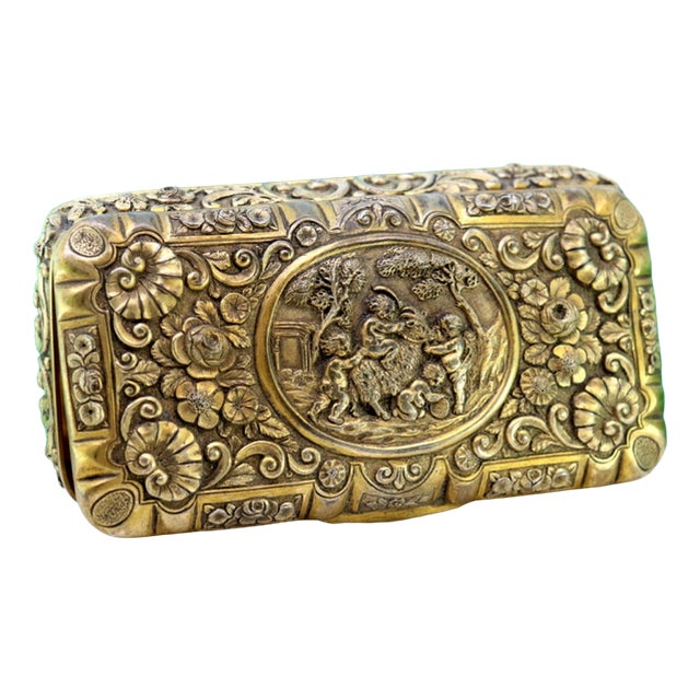 Gilded Silver Box with Chiseled Floral Motifs and Central Card with Children Playing Game For Sale