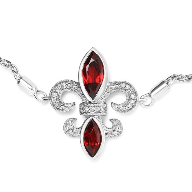 Contemporary .925 Sterling Silver Marquise Garnet and Diamond Accent Lariat 4”-10” Fleur De Lis Adjustable Bolo Bracelet (H-I Color, SI1-SI2 Clarity) For Sale - Image 3 of 5