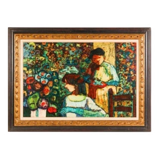 1960s American Donal Purdy Modernist Composition Depicting a Flower Shop, Frame Oil Art on Masonite. For Sale
