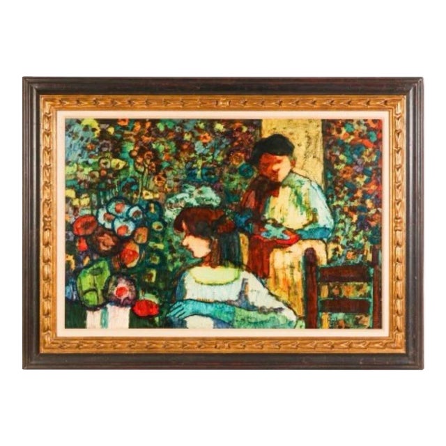1960s American Donal Purdy Modernist Composition Depicting a Flower Shop, Frame Oil Art on Masonite. For Sale