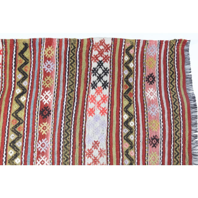 Textile Vintage Tribal Flatweave Kilim With Striped Bands and Anatolian Motifs – Handwoven Wool Kilim -4' 3'' X 6' 1'' For Sale - Image 7 of 7