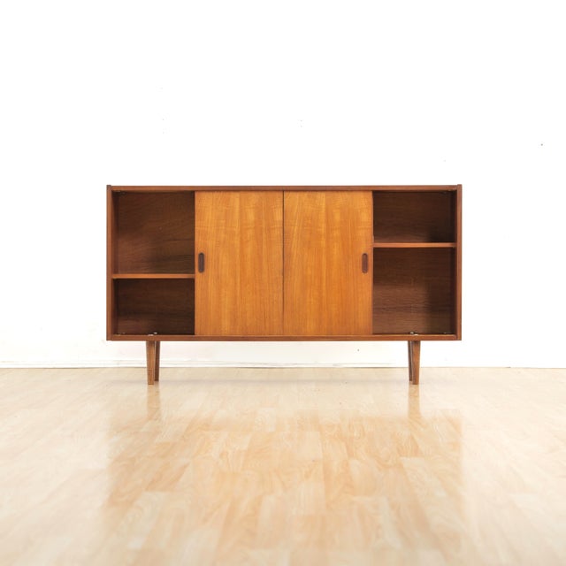 Slim Mid Century Teak China Display Cabinet Sideboard For Sale - Image 4 of 8